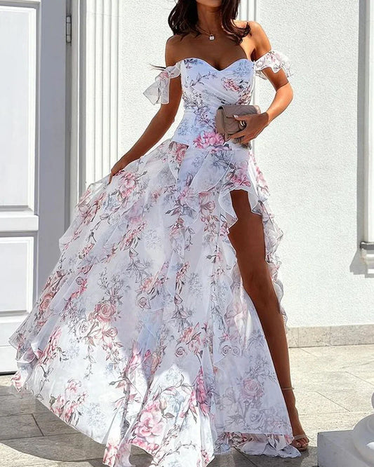 Dress for Women – Maxi Length – Off Shoulder – Fitted Bodice – Ruffled Skirt