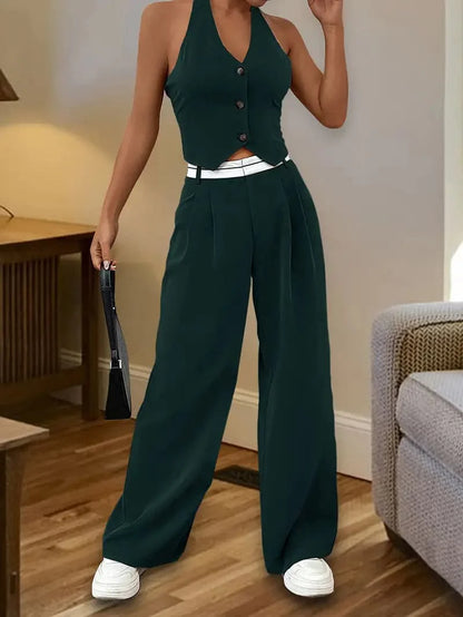 Women's Two-Piece Set – Halterneck Top with Buttons – High-Waisted Wide Pants – Elegant Fit