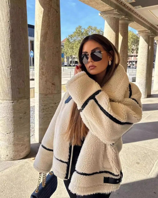 Charlotte Oversized Teddy Jacket | Contrast Trim High Neck Jacket