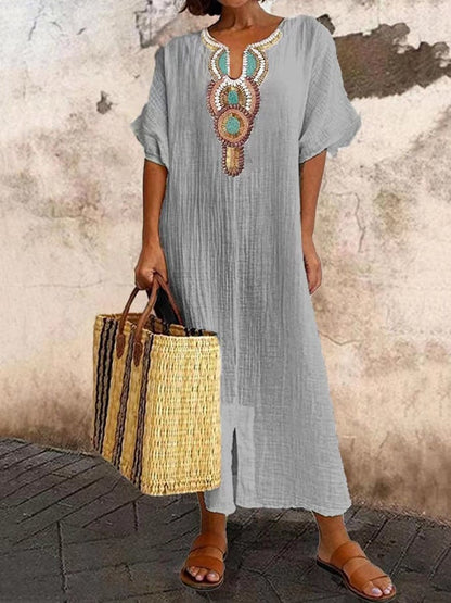 Women's Caftan Dress – Relaxed Fit – Embroidered Neckline – Breathable Fabric