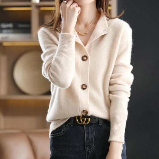 Women's Cardigan - Wool Blend - Soft and Warm - Elegant Shawl Collar - Button Closure