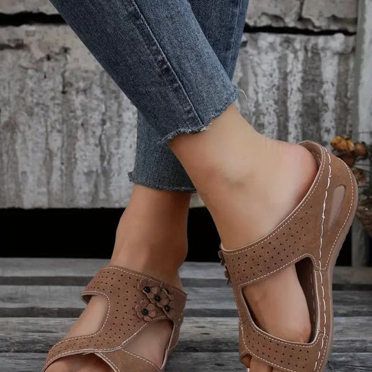 Women's Sandals – Open Toe – Comfortable Footbed – Perforated Straps – Flower Detail