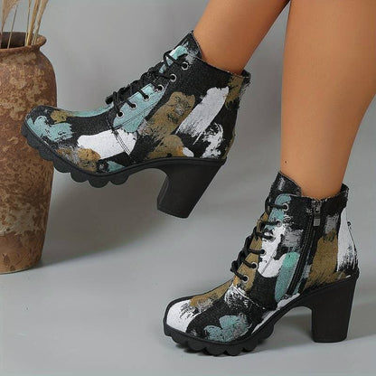 Women's Ankle Boots - Patterned Textile - Lacing - Block Heel - Chunky Sole