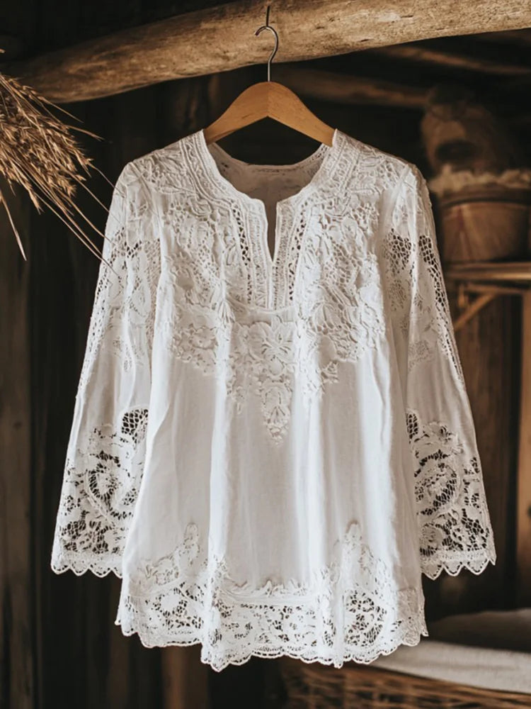 Women's Shirt – V-neck – Long Sleeve – Relaxed Fit – Breathable Lace Embroidery