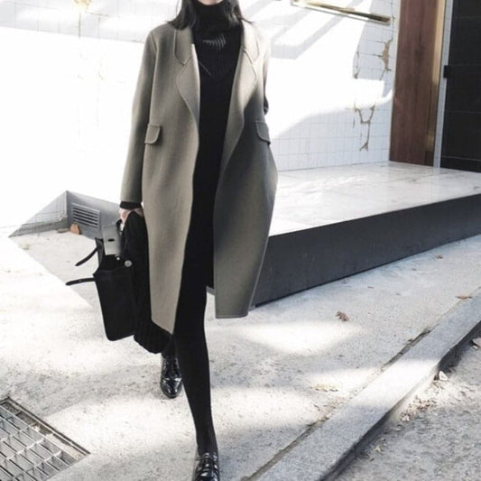 Women's Wool Coat - Long and Tailored - Classic Cut with Wide Lapels
