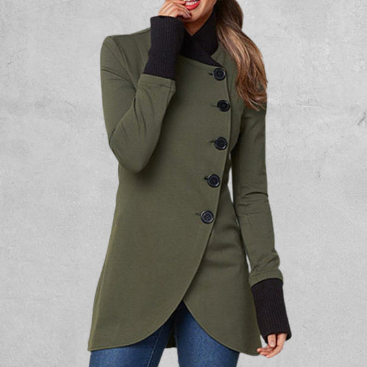 Women's Coat - Asymmetric Design - Tailored Fit - Diagonal Button Closure - Long Sleeves