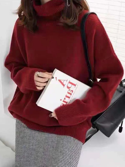 Women's Sweater with High Neck – Wool Blend – Relaxed Fit – Ribbed Knit – Hip Length