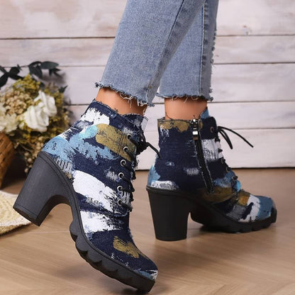 Women's Ankle Boots - Patterned Textile - Lacing - Block Heel - Chunky Sole