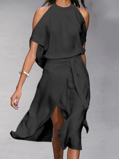 Women's Dress - Halterneck with Open Shoulders - Draped Fit - Front Slit Elegant Design