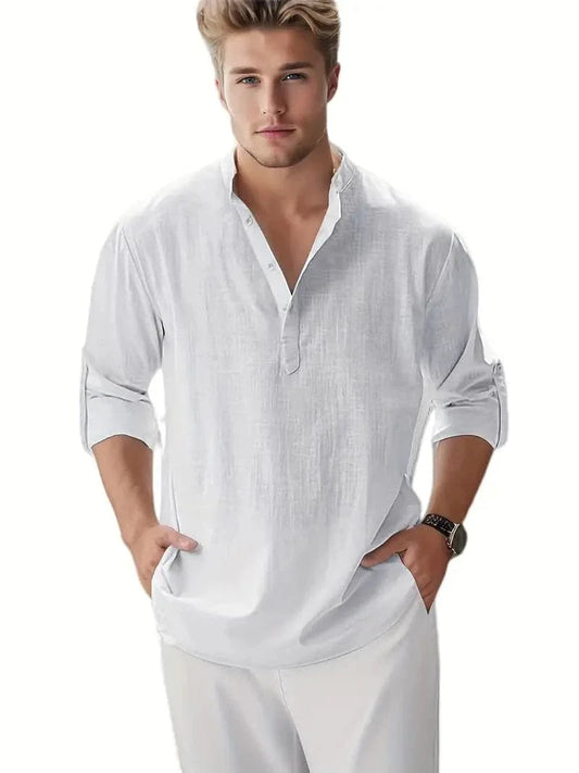 Men's Shirt - Relaxed Fit - Stand Collar - Breathable Lightweight Fabric - Long Sleeve