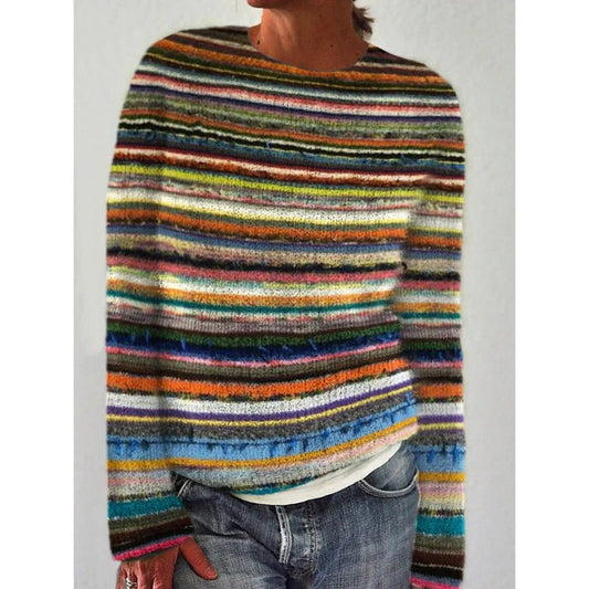 Women's Knitted Sweater - Soft and Comfortable - Striped Pattern - Regular Fit - Long Sleeves