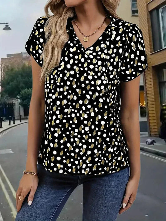 Women's Blouse - Short-Sleeved V-Neck - Light and Airy - Modern Pattern