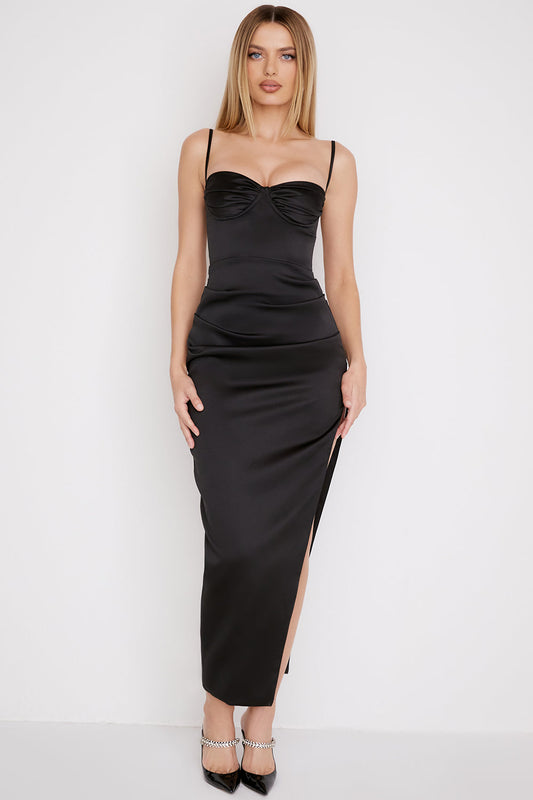 Dress for Women – Satin Midi Dress – Figure-Hugging Fit – Spaghetti Straps – Slit