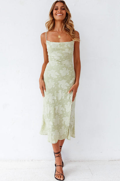 Dress for Women – Midi – Slim Fit – Cowl Neck – High Slit – Floral Pattern – Satin
