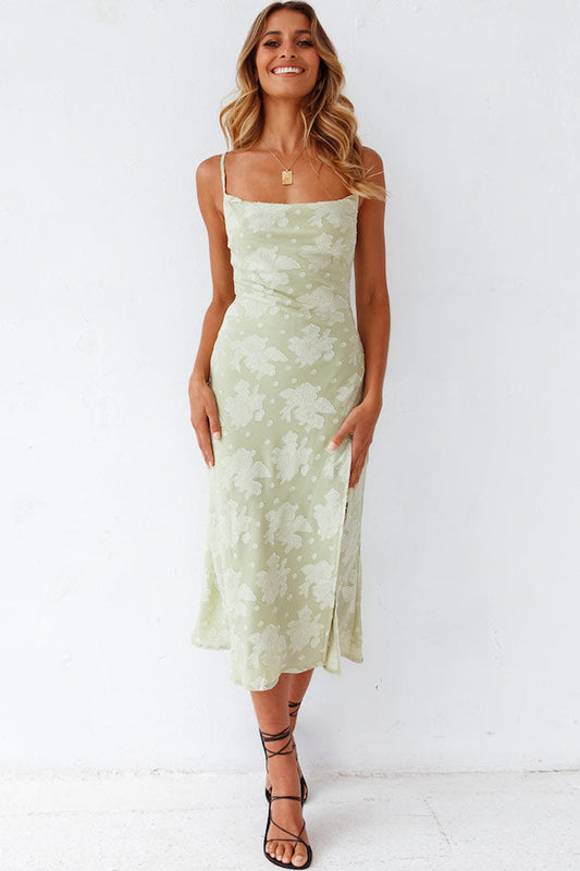 Dress for Women – Midi – Slim Fit – Cowl Neck – High Slit – Floral Pattern – Satin