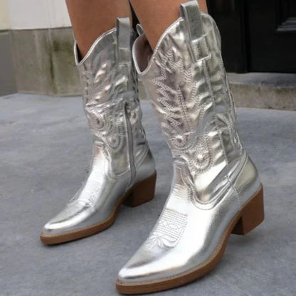 Women's Cowboy Boots – Mid Height – Glossy Finish – Decorative Stitching and Zipper