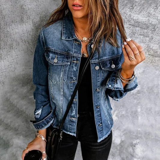 Women's Denim Jacket - Classic Button-Up - Chest Pockets - Slim Fit