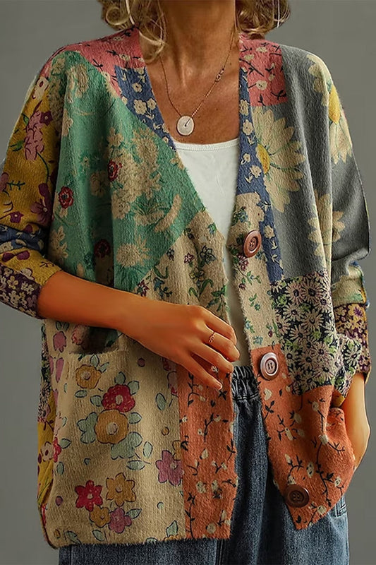 Women's Cardigan Sweater – Soft Knit – Relaxed Fit – Floral Patchwork