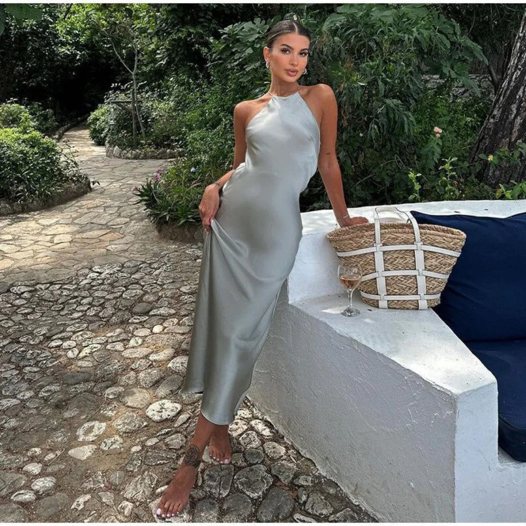 Dress for Women – Halterneck – Satin – Form-fitting – Ankle-length Party Dress