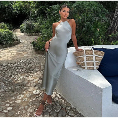 Dress for Women – Halterneck – Satin – Form-fitting – Ankle-length Party Dress