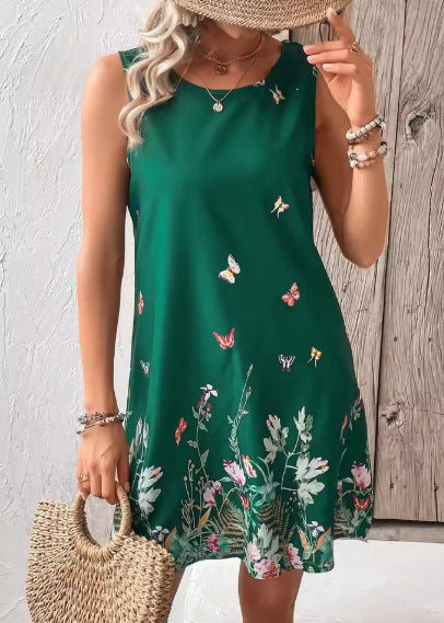 Women's Vest Dress – Relaxed Fit – Sleeveless – Mini Length – Floral Print