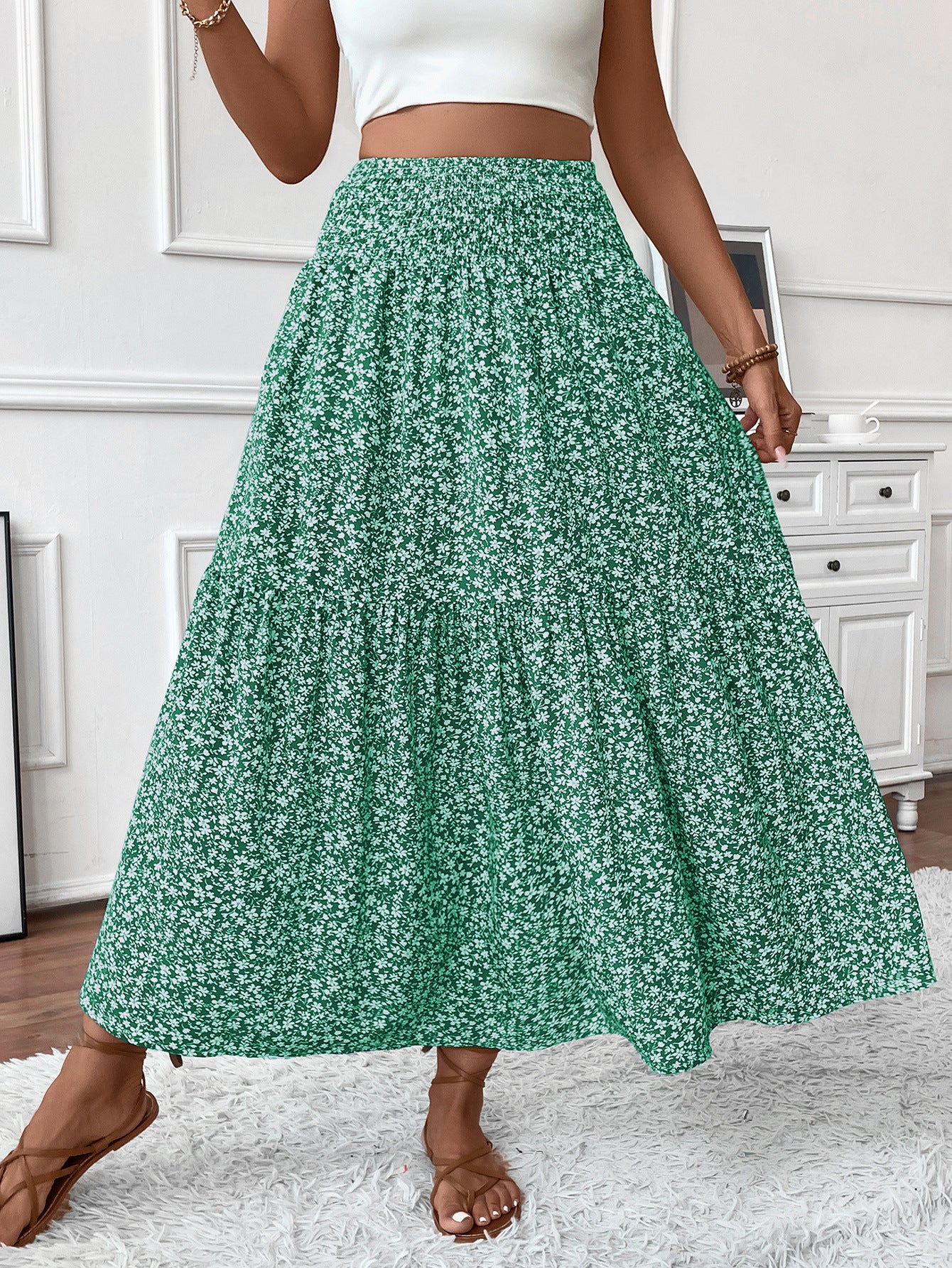 Long Skirt for Women - Elastic Waist - Ruffle Pattern - Floral Print