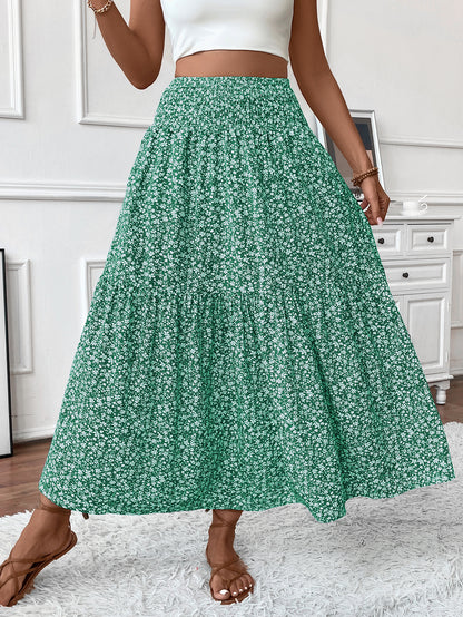 Long Skirt for Women - Elastic Waist - Ruffle Pattern - Floral Print