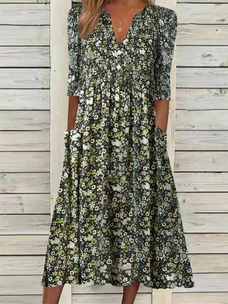 Dress for Women - Midi Length - V-neck - Floral Print - A-line Fit - 3/4 Sleeves