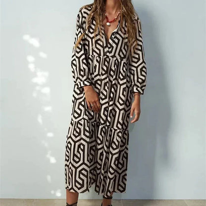 Women's Dress with Long Sleeves – Relaxed Fit – Tiered Cut – Geometric Pattern – Breathable Fabric