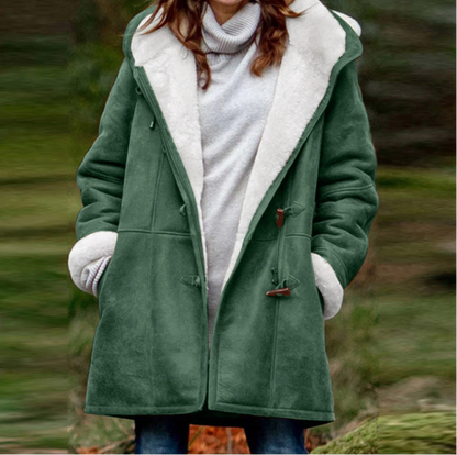 Kåpe for Kvinner - Duffle Coat med Pelskledd Hette - Myk og Varm med Togleknapper
