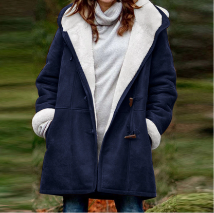 Kåpe for Kvinner - Duffle Coat med Pelskledd Hette - Myk og Varm med Togleknapper