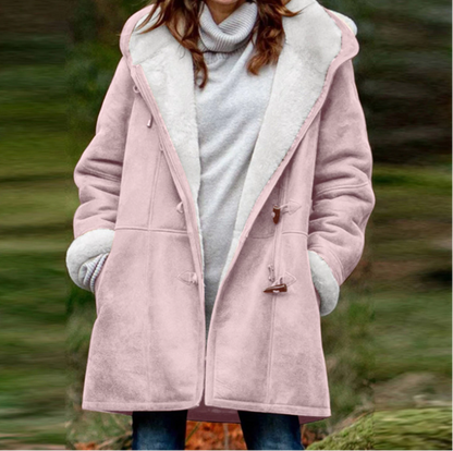 Kåpe for Kvinner - Duffle Coat med Pelskledd Hette - Myk og Varm med Togleknapper