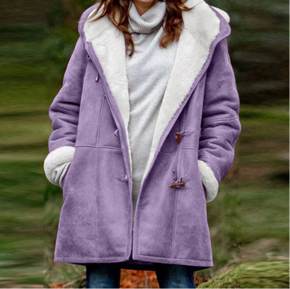 Kåpe for Kvinner - Duffle Coat med Pelskledd Hette - Myk og Varm med Togleknapper