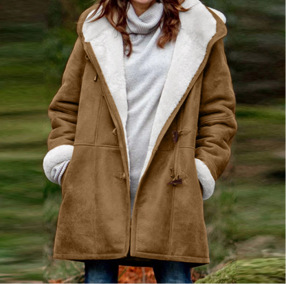 Kåpe for Kvinner - Duffle Coat med Pelskledd Hette - Myk og Varm med Togleknapper
