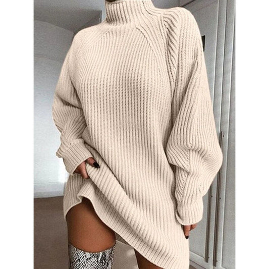 Women's Knitted Turtleneck Sweater Dress - Oversized Fit - Soft Ribbed Texture - Long Sleeves