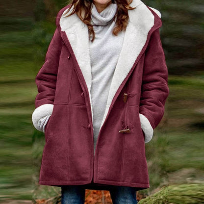 Kåpe for Kvinner - Duffle Coat med Pelskledd Hette - Myk og Varm med Togleknapper