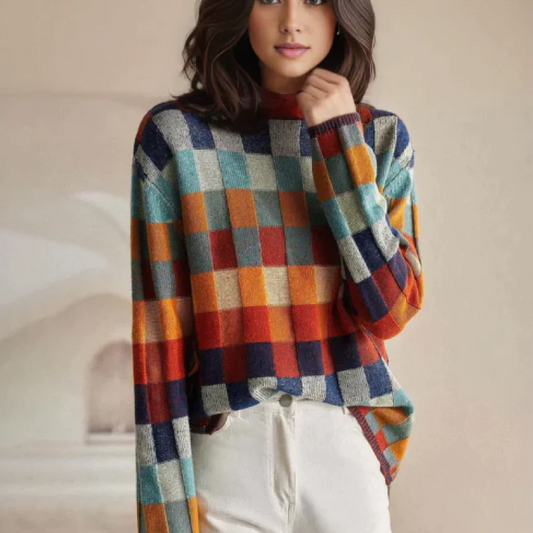 Women's Sweater – Oversized Fit – Checkered Pattern – Soft Knit – Round Neck – Long Sleeves