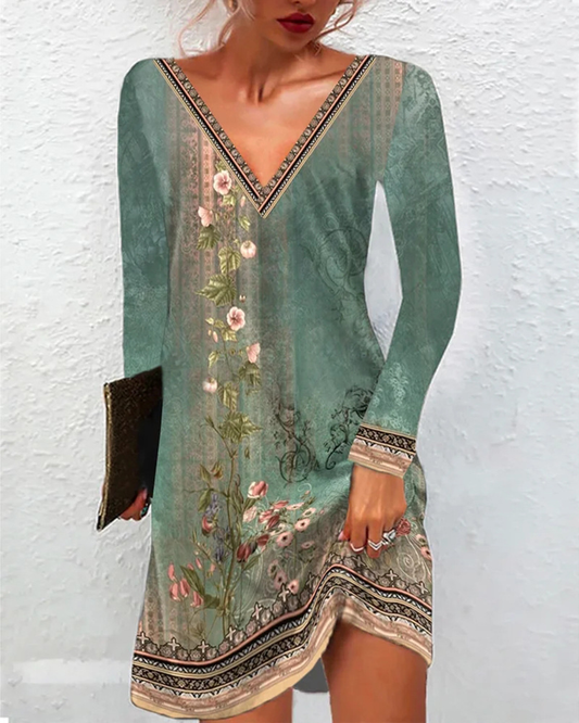 Esja - Green Mini Dress with Straps and Print