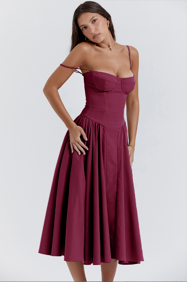 Women's Midi Dress – A-line Fit – Corset Bodice – Spaghetti Straps – Light Cotton