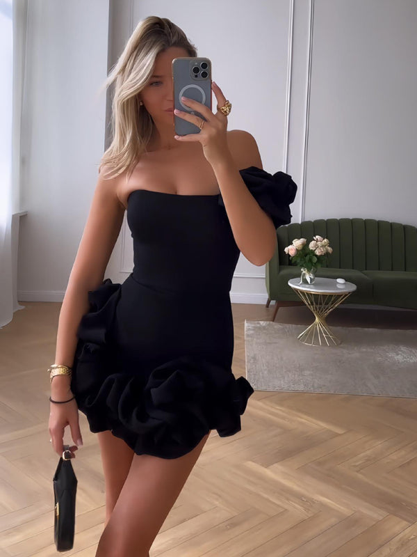 Dress for Women – Satin Mini Dress – Tight Fit – One-Shoulder with Ruffles