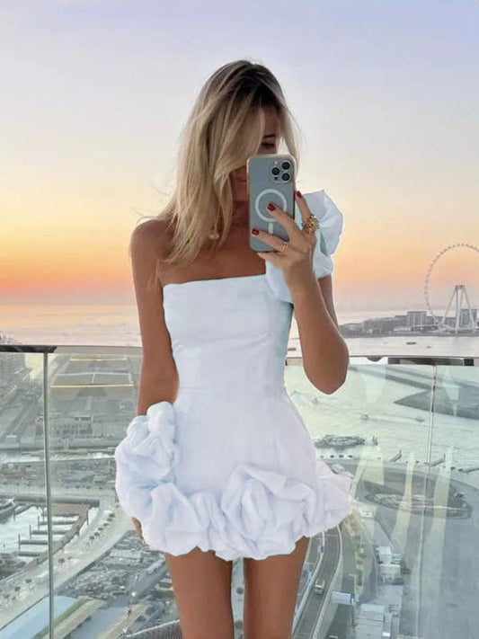 Dress for Women – Satin Mini Dress – Tight Fit – One-Shoulder with Ruffles