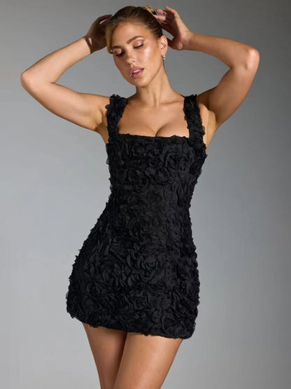 Dress for Women – Figure-Hugging Fit – 3D Flower Appliqué – Straight Neckline