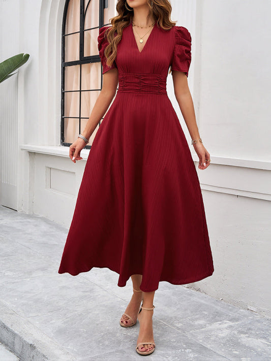Dress woman midi – V-neck – Puff sleeves – Ruched waist – A-line fit