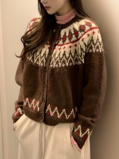 Dame Strikket Cardigan - Fair Isle Mønster - Langermet - Knappestolpe - Myk og Komfortabel