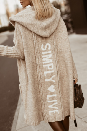 Women's Long Coat – Hood – Loose Fit – Knitted Wool – Graphic Back Detail
