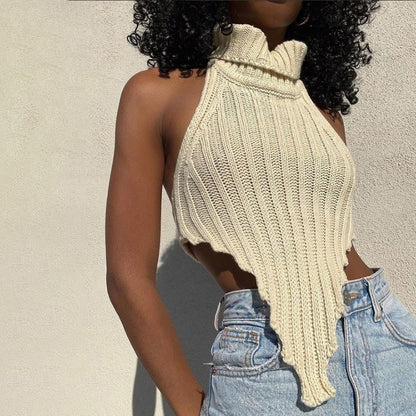 Women's Halter Crop Top – Ribbed Knit – Slim Fit – High Neck – Sleeveless