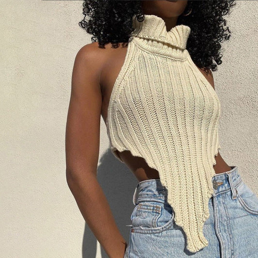 Women's Halter Crop Top – Ribbed Knit – Slim Fit – High Neck – Sleeveless