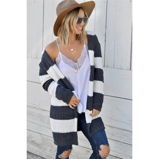 Women's Cardigan – Knitted – Relaxed Fit – Open Front – Wool Feel – Striped