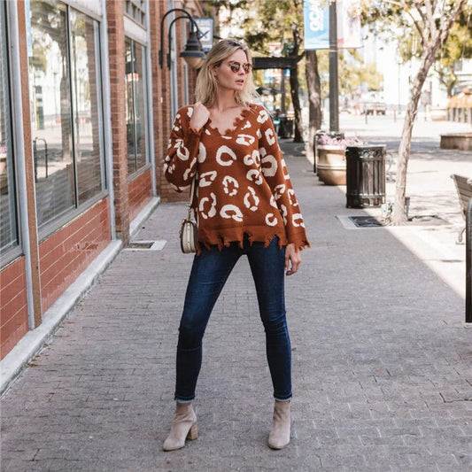 Women's Sweater – Knitted – Oversized Fit – Fringe Edge – Tie-Dye Look – Round Neck