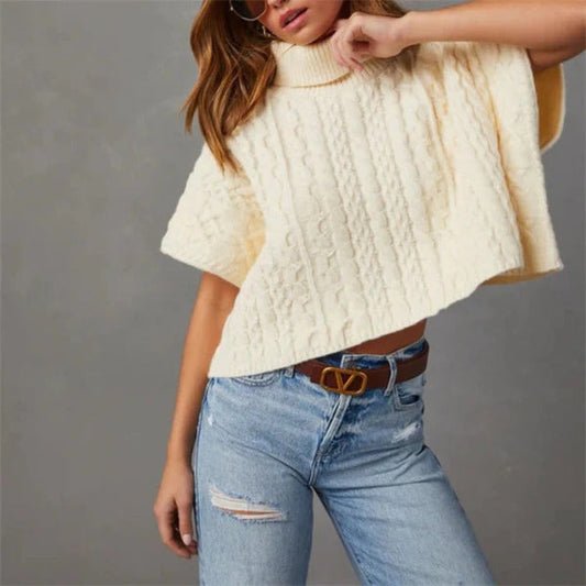 Women's Knit Sweater – Wool – Oversized Fit – High Neck – Cable Knit – Cropped